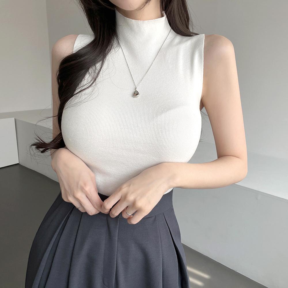 가나다란 [보들보들💛] 가나다란 시애틀 부드러운 반목 스판 골지 슬리브리스 나시 니트 4color