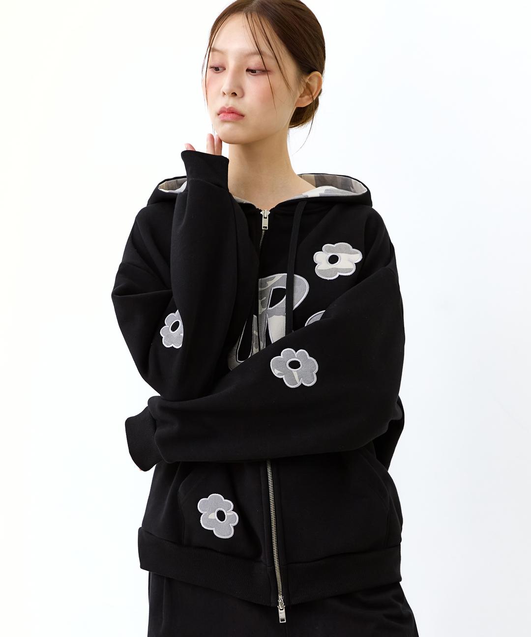 OURS 카모 플라워 아플리케 후드집업 블랙