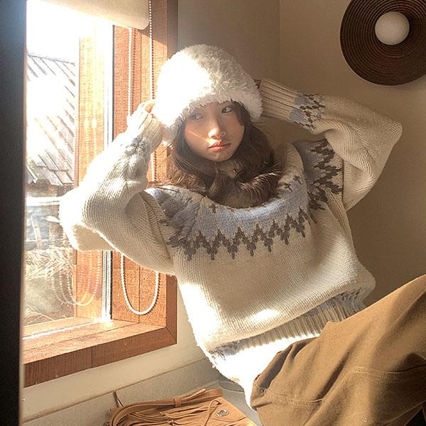 써니킥 [겨울신상]크림 노르딕 패턴 니트