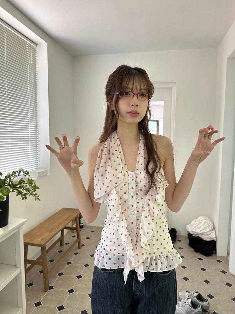 사토미라디오 Dot halther frill blouse