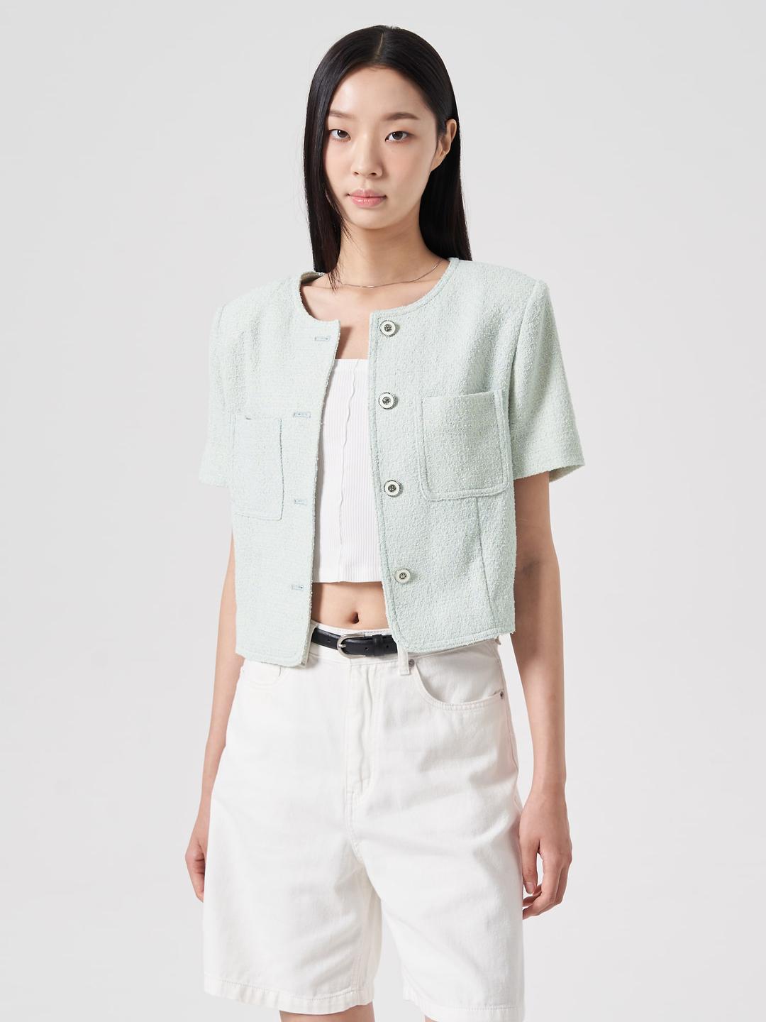 라운드넥 반소매 트위드재킷 - 스카이블루