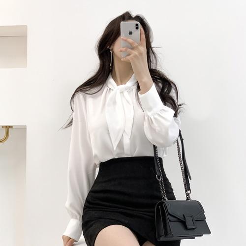 오드리버블 엘른 숏타이 히든버튼 오피스룩 셔링 타이 블라우스/4color