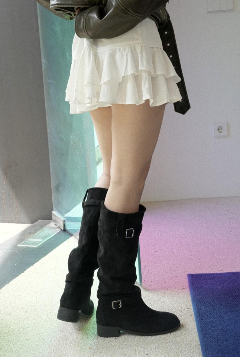 뮤즈모브 [유튜버협찬🫶틱톡1만뷰] 스웨이드 롱부츠 입구둘레39cm/*two-way boots* 다양한 연출 접어신는[스웨이드롱부츠/버클부츠] 버클스트랩 미들부츠 3CM
