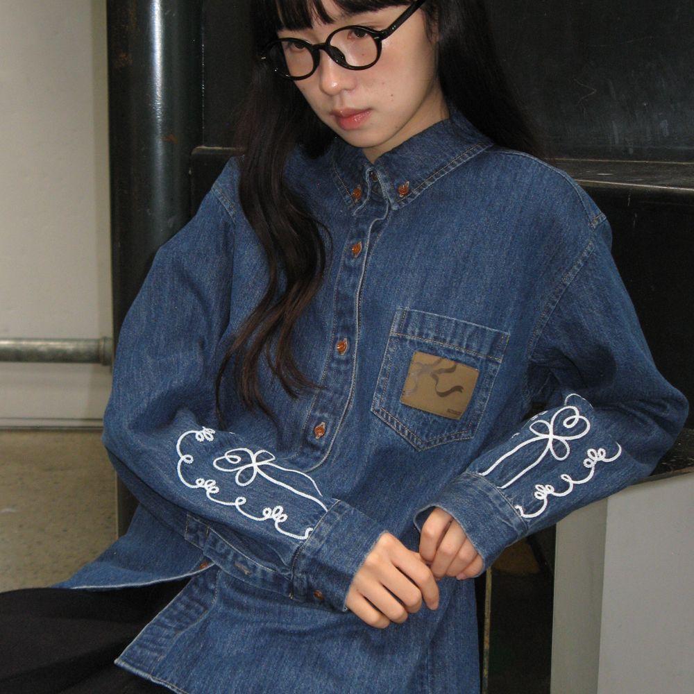 NEEDLEWORK PATCH DENIM SHIRT DEEP BLUE
