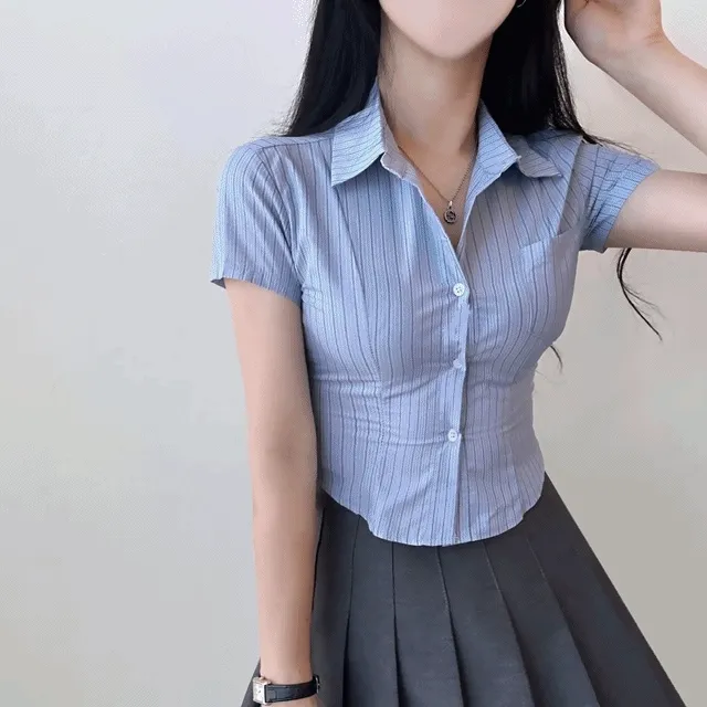 [여름/허리잘록핏!] 긱시크,스트라이프 포켓 크롭 반팔 셔츠 [3color]