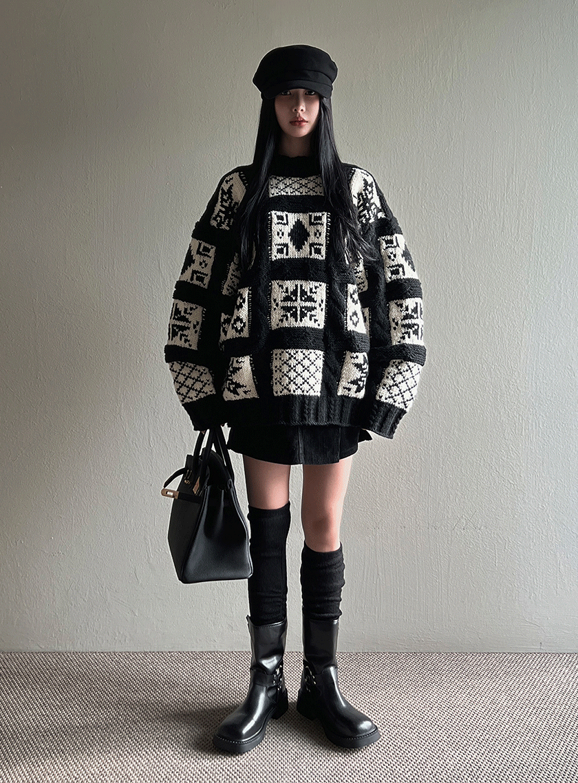 패턴 핸드메이드 울 니트탑