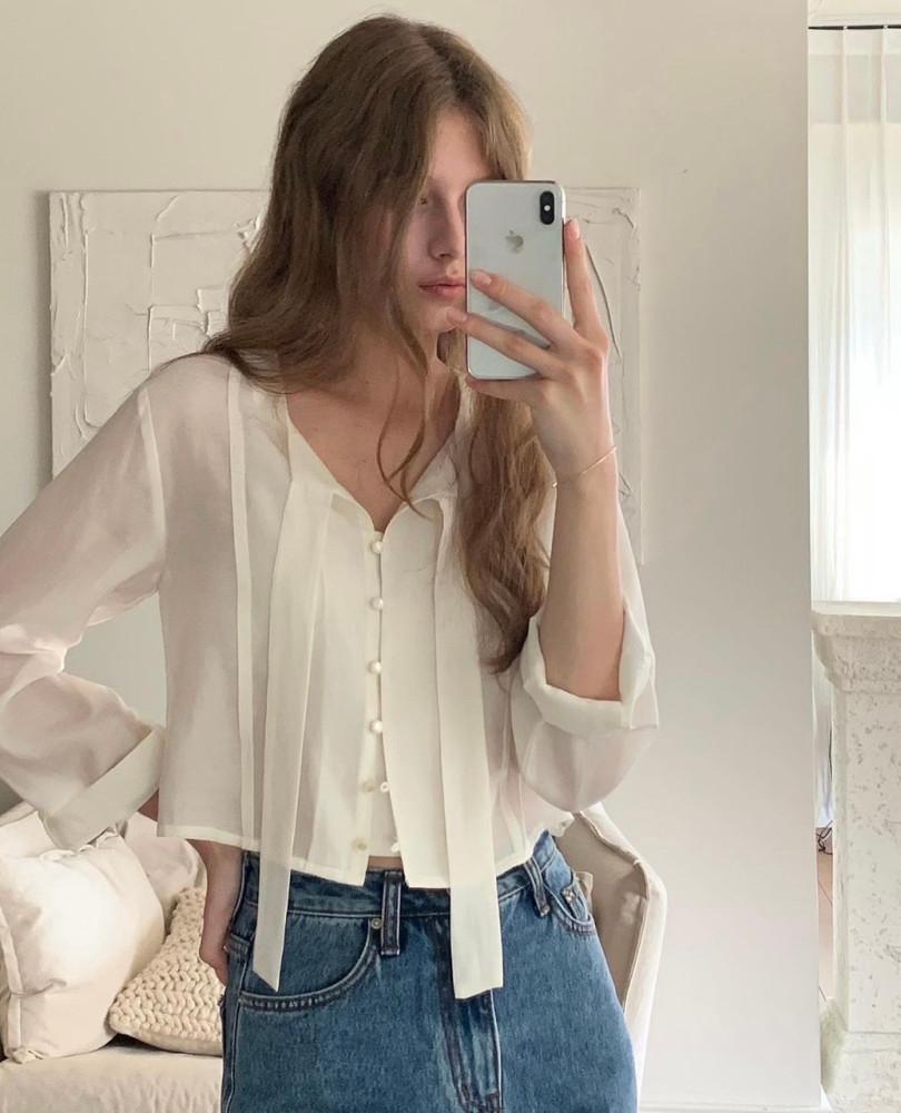 riette 리에뜨 프랑 블라우스 긴팔 핀턱 페미닌 블랑