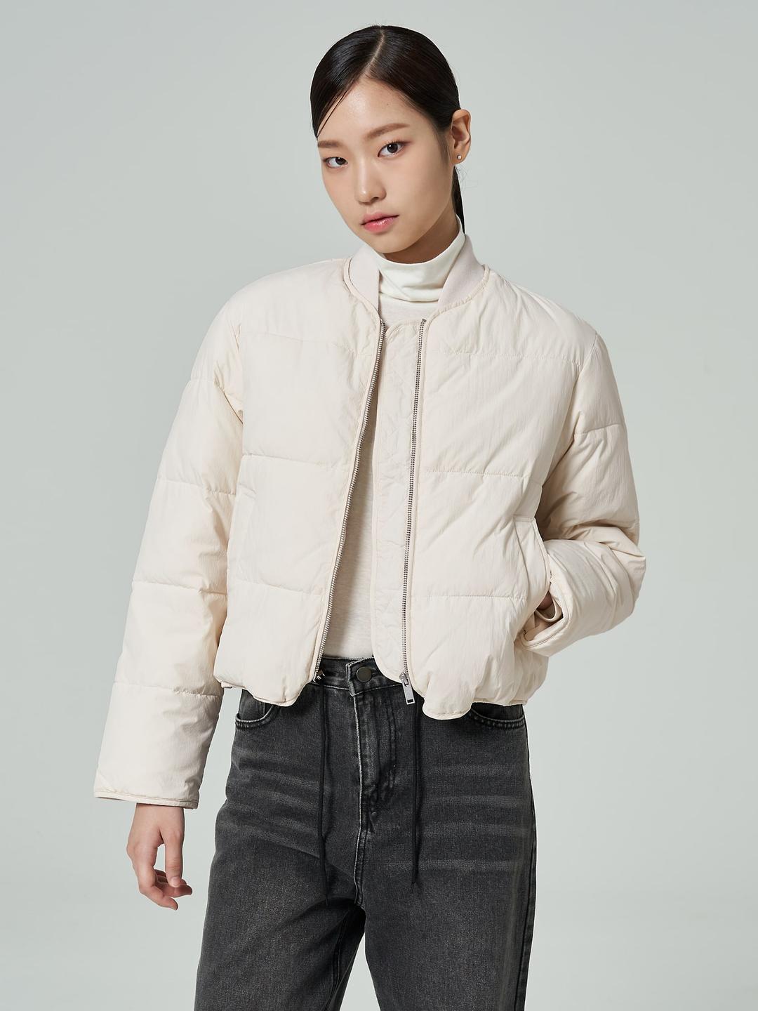 넥라인 밴딩 패딩 점퍼 - 아이보리