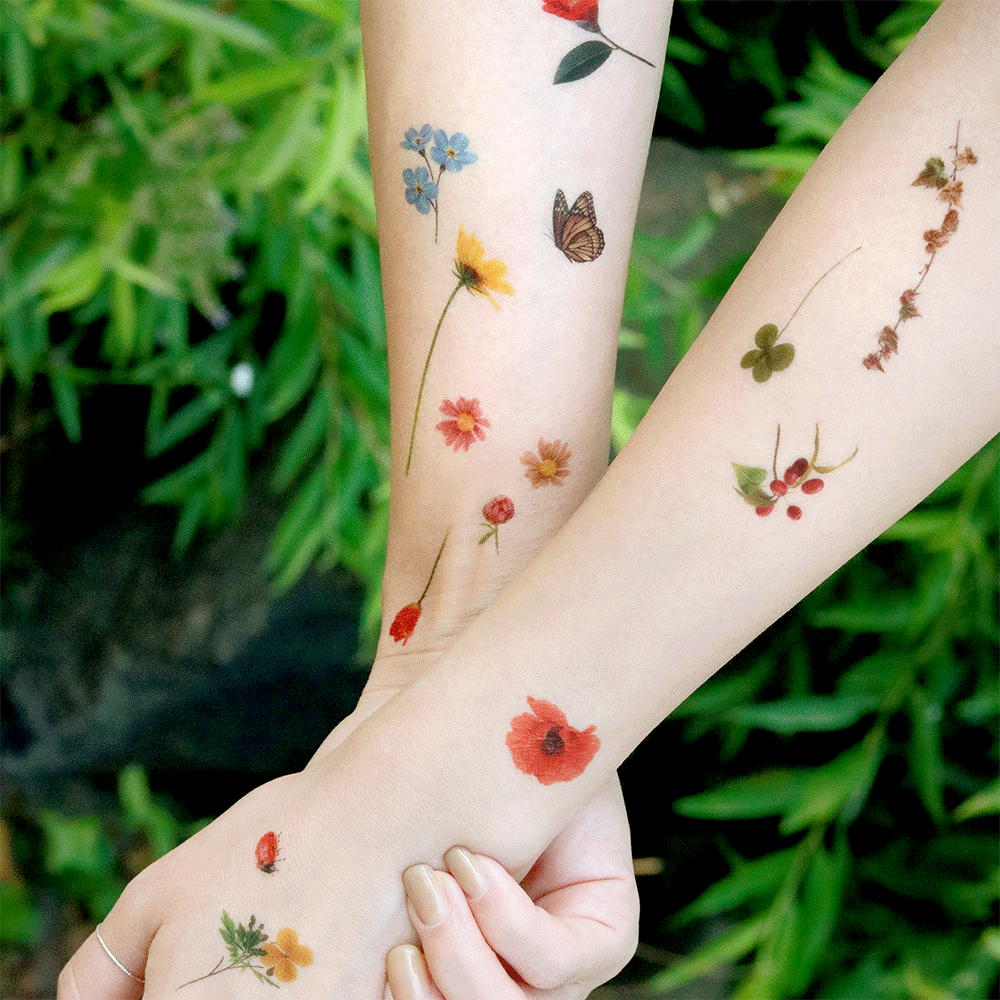 [KC인증]꽃 컬러 클로버 미니 나비 타투 스티커_no.15 나비정원 Medium