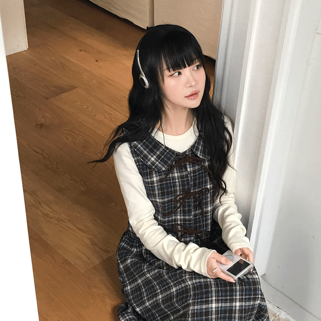 [귀여워요🧸/빈티지] 포근체크리본카라롱원피스 (2color)