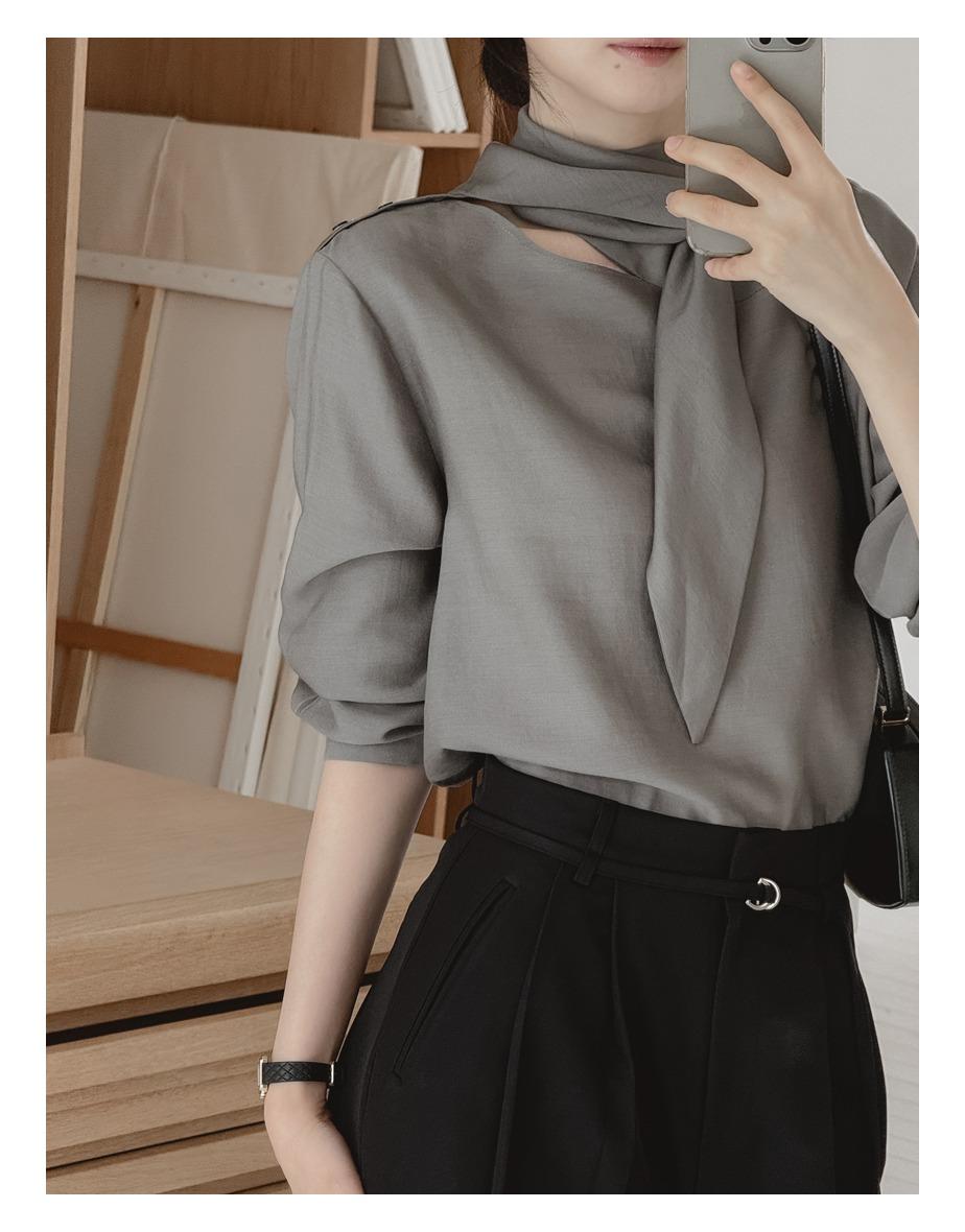 어썸 버튼 타이 블라우스 [그레이쉬카키]
