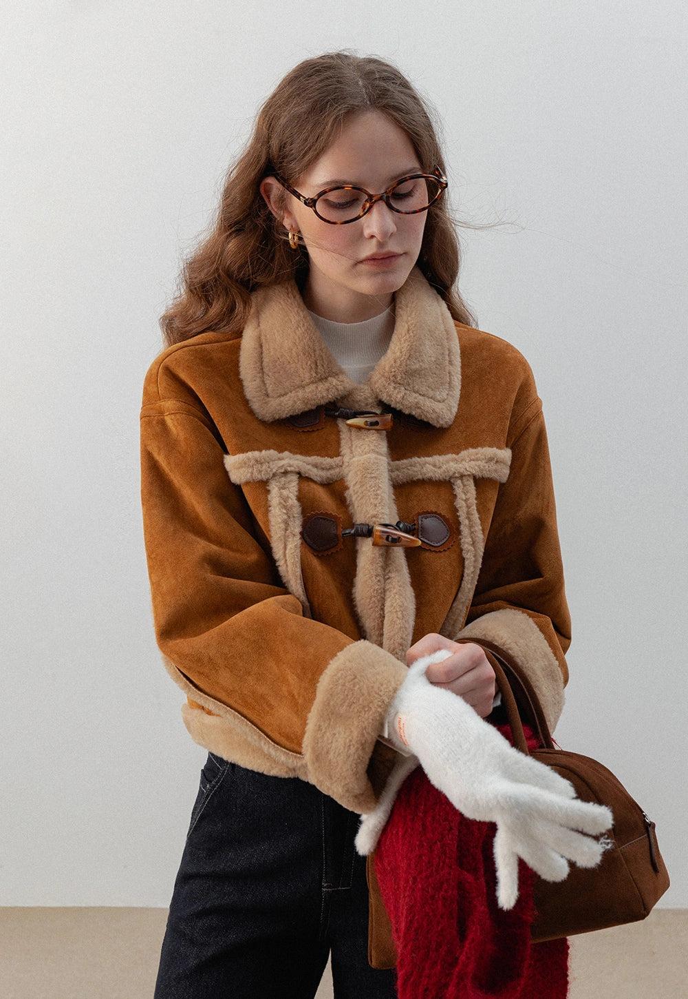 Vintage Faux Suede Shearling Jacket with Toggle Closures