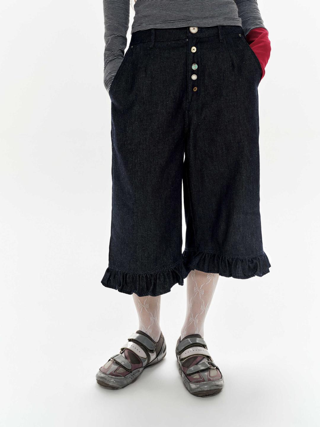 OINIMI 러플 데님팬츠 7부 버뮤다 팬츠