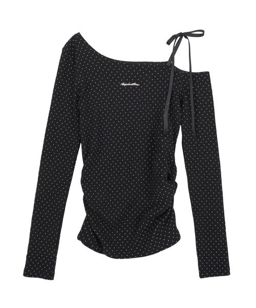 도트 원숄더 리본 롱슬리브_블랙