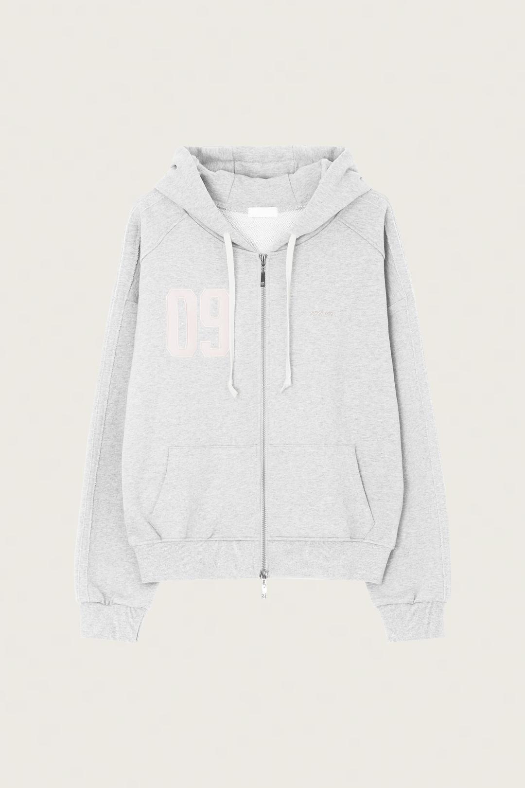 09 Numbering hooded zip-up, Light melange