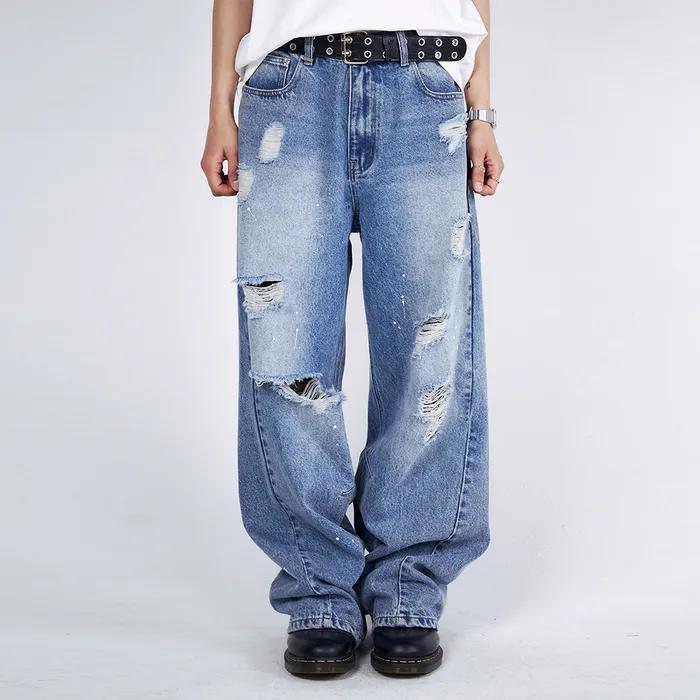 DESTROYED WIDE DENIM PANTS [BLUE]