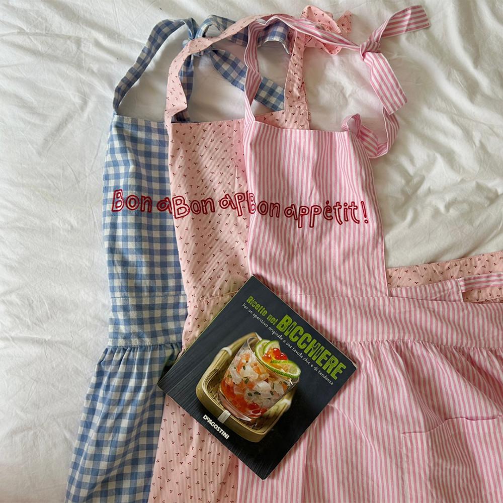 (오늘출발)면 체크 레터링 자수 원피스 앞치마 에이프런 3종