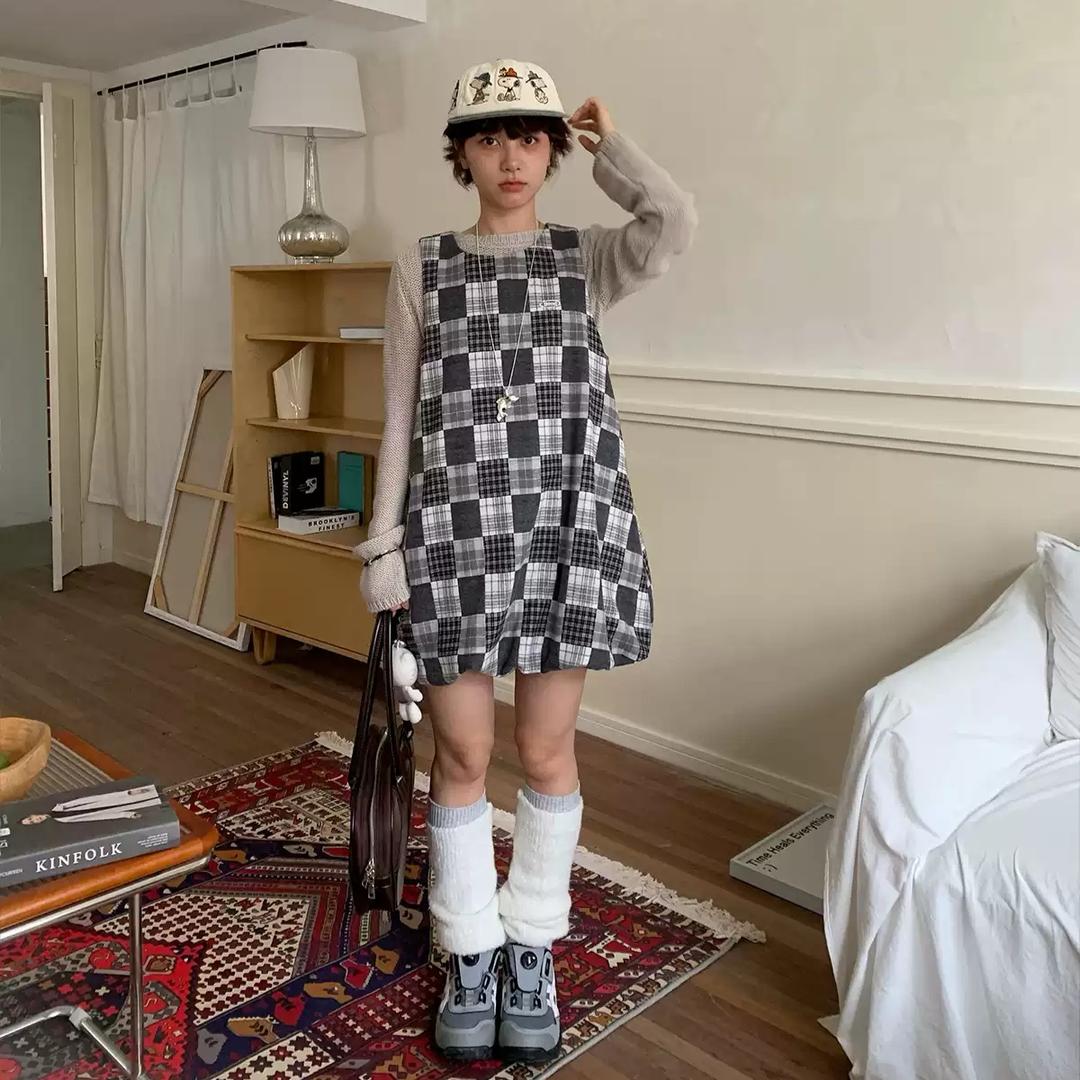 MeihaoStore 체크 벌룬 민소매 레이어드 코튼 원피스