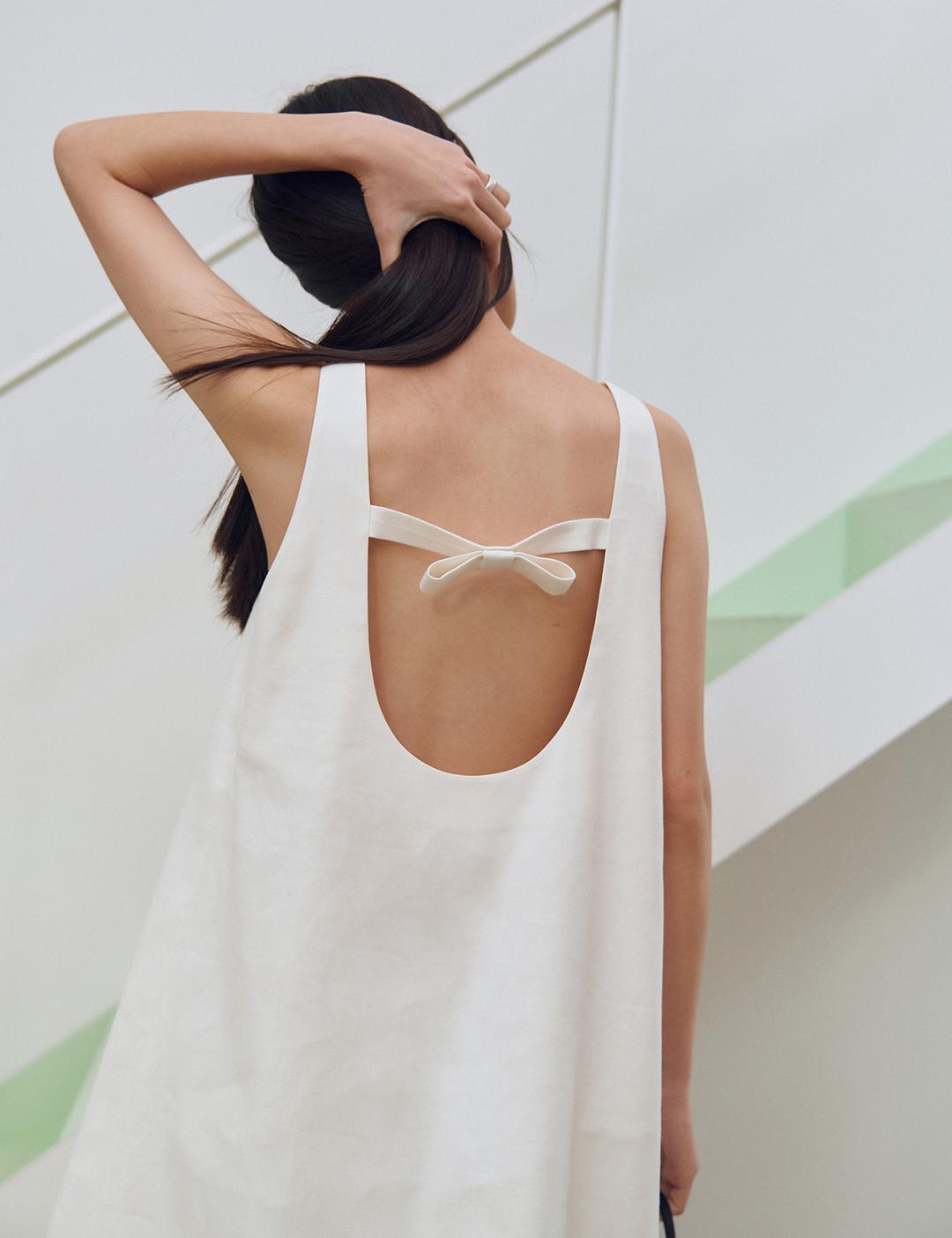 Bow Embellished Sleeveless Mini Dress_Ivory