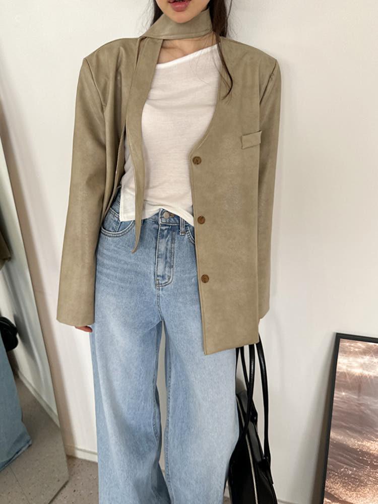 체코 오버핏 인조가죽 노카라 벨트 타이 페이크 레더 하프 자켓