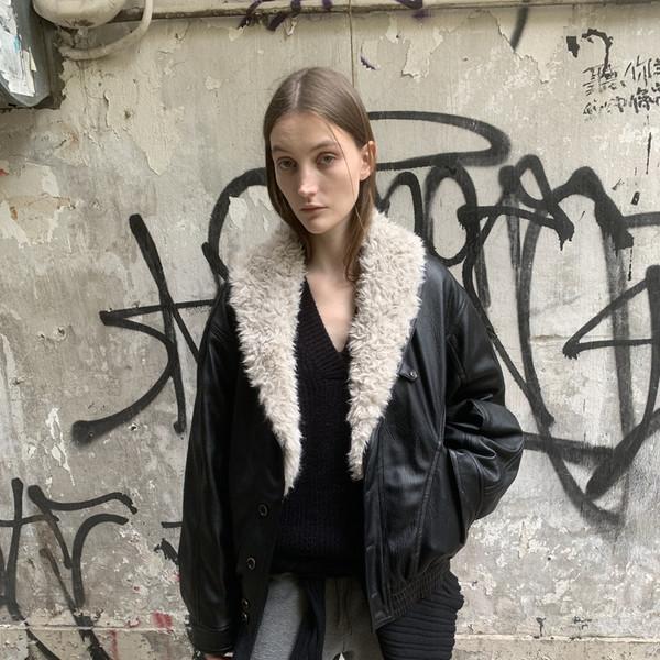 LONSLAN Fur Collar Leather Clamp Cotton Coat