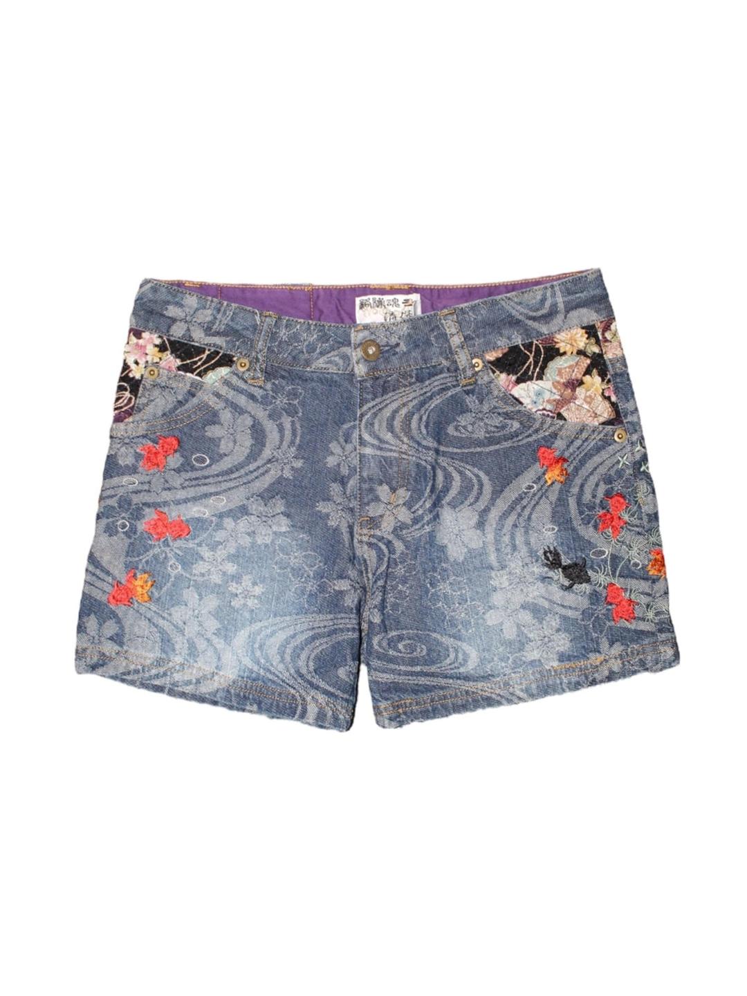 KARAKURI TAMASHII 絡繰魂 Flower & Gold Fish Embroidery Short Denim Pants