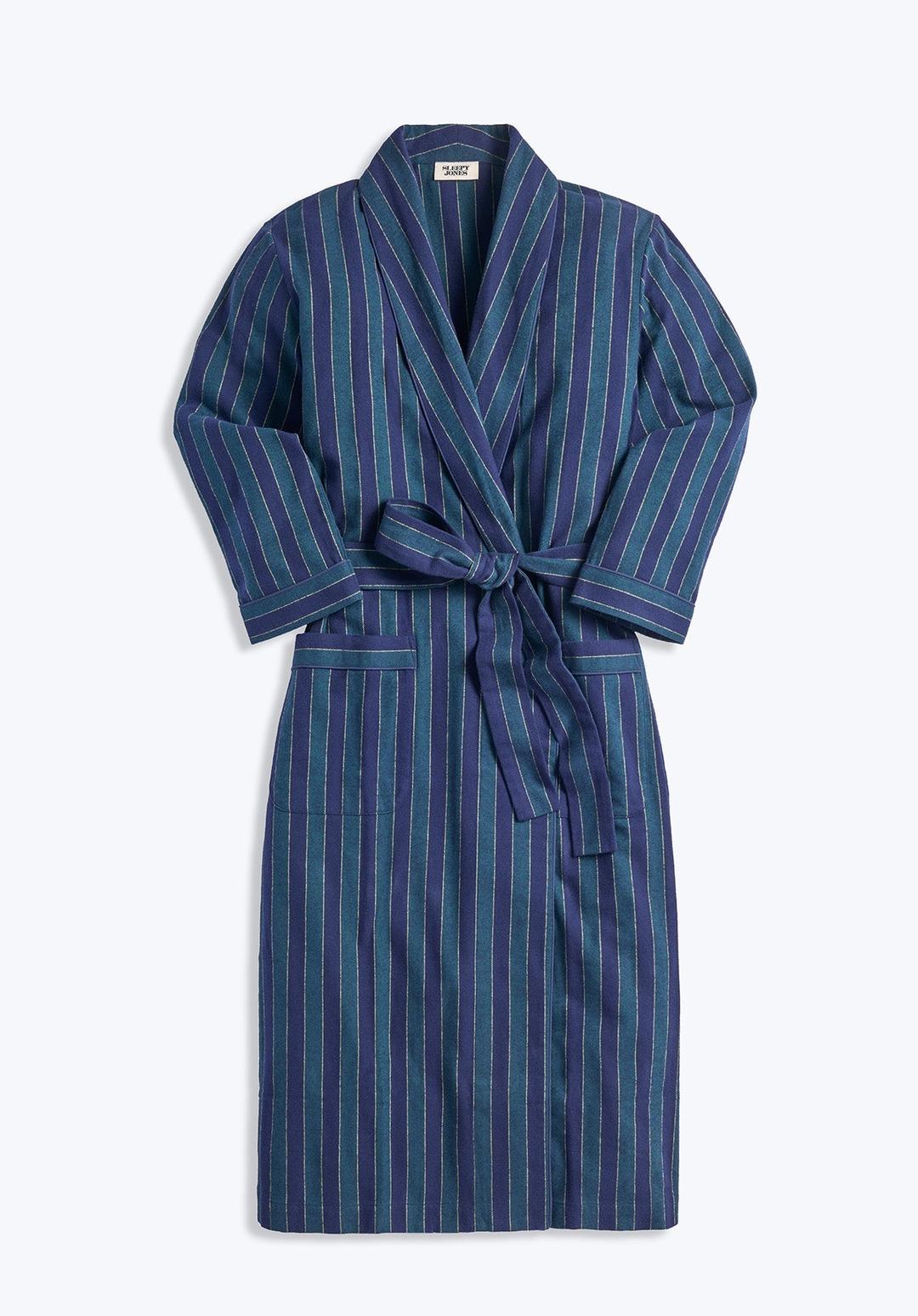 Marianne Long Robe in Green, Navy, and Gold Flannel Stripe - Green, Navy, and Gold Flannel Stripe / XS