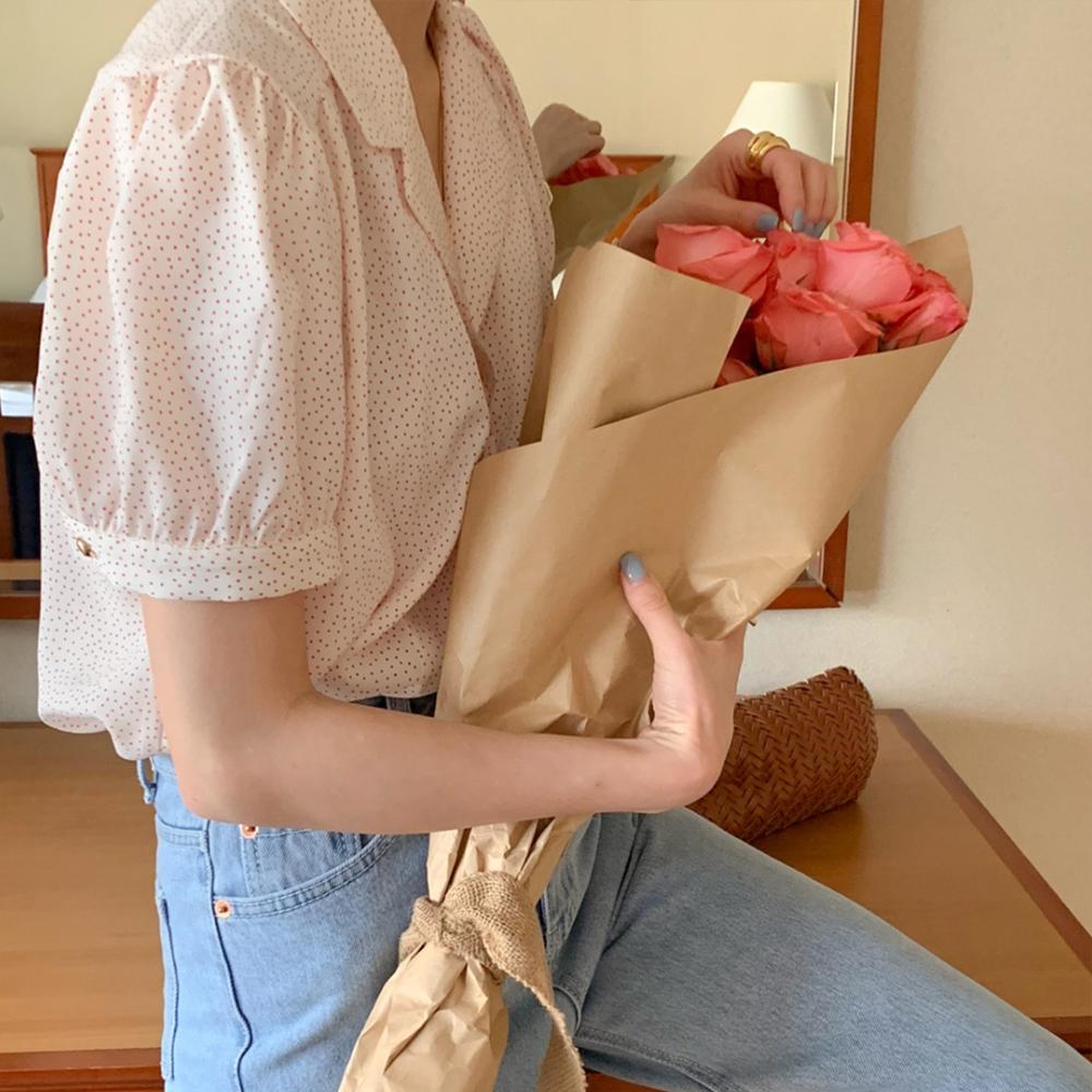 [무배] 슬로우비 코코 오픈카라 도트 반팔 블라우스