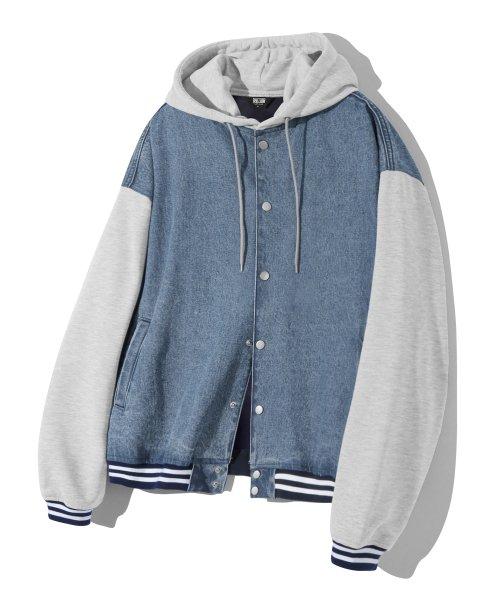 스웨트 후드 믹스 데님 바시티 자켓 (BLUE GRAY)