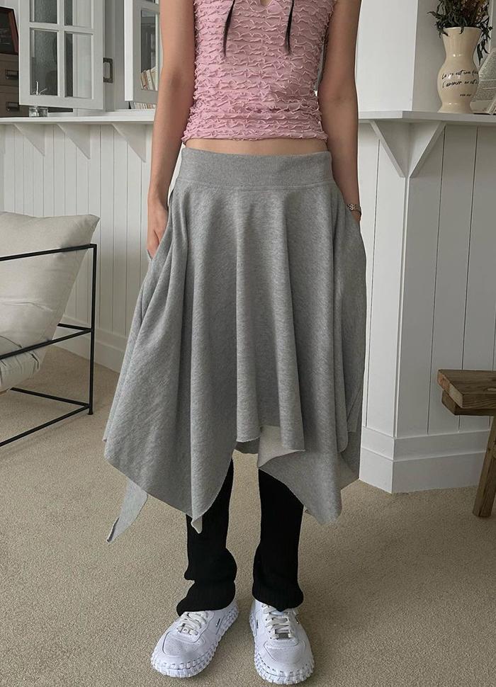 그레이당배) 언발 컷팅 밴딩 미디 스커트 - 아이보리 그레이