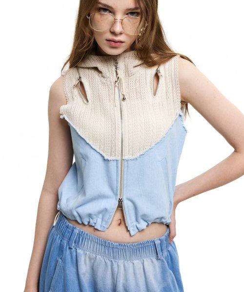 KNIT & DENIM HOOD ZIPUP VEST - IVORY/LIGHT DENIM