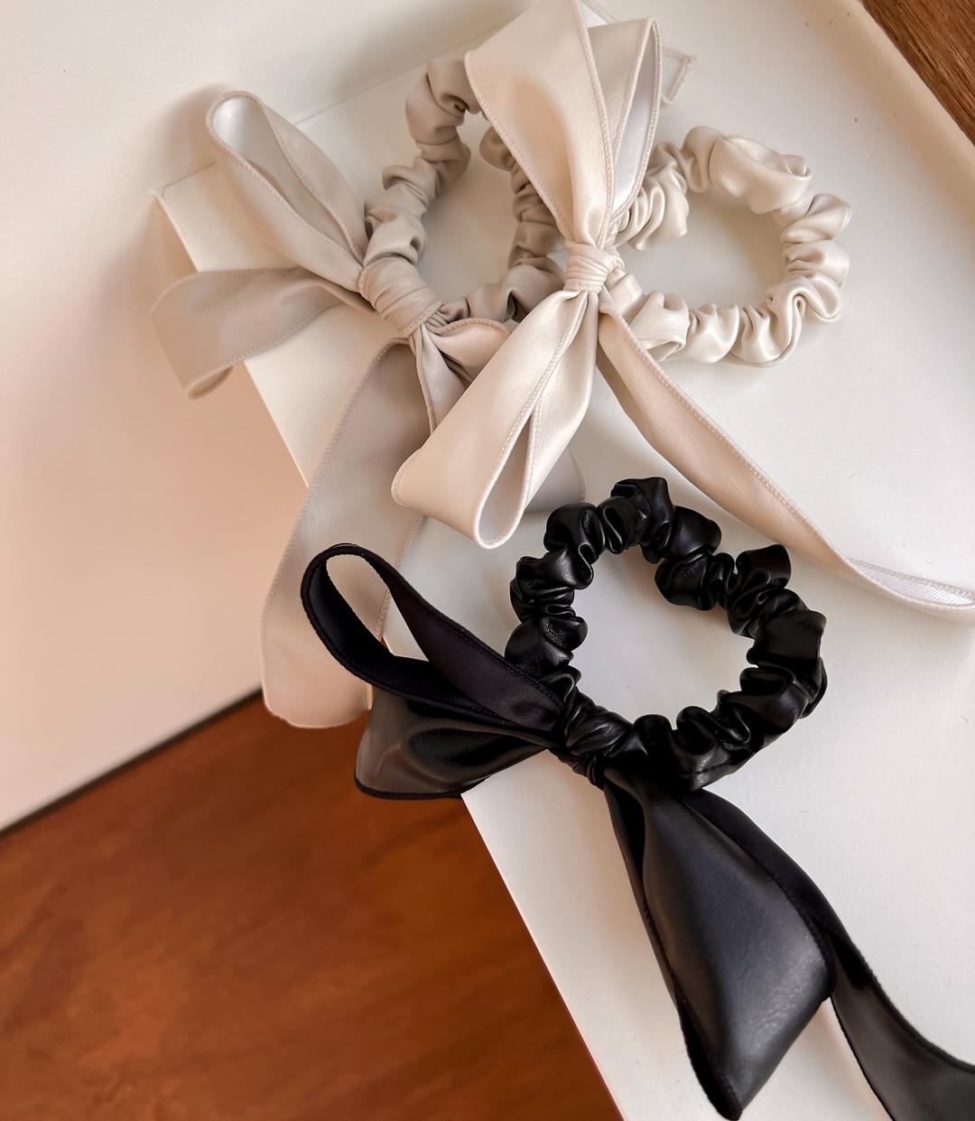 곱창주름 가죽 리본 머리핀 레자 고무줄 헤어끈 머리끈 [6colors]