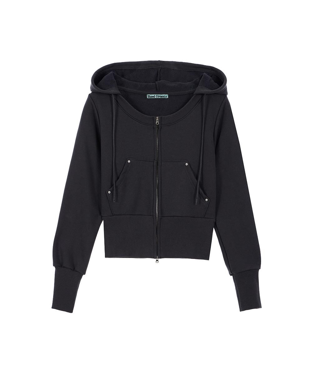 Rivet Round Crop Hood Zip-up [Charcoal]