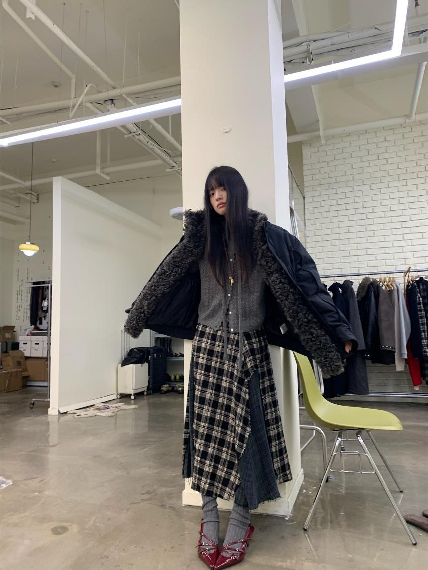 NEVERSEEZ Wool & Linen Patchwork Checked Long Skirt