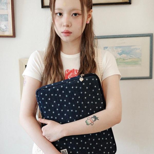 Tiny stars dark denim laptop pouch _ 2 sizes