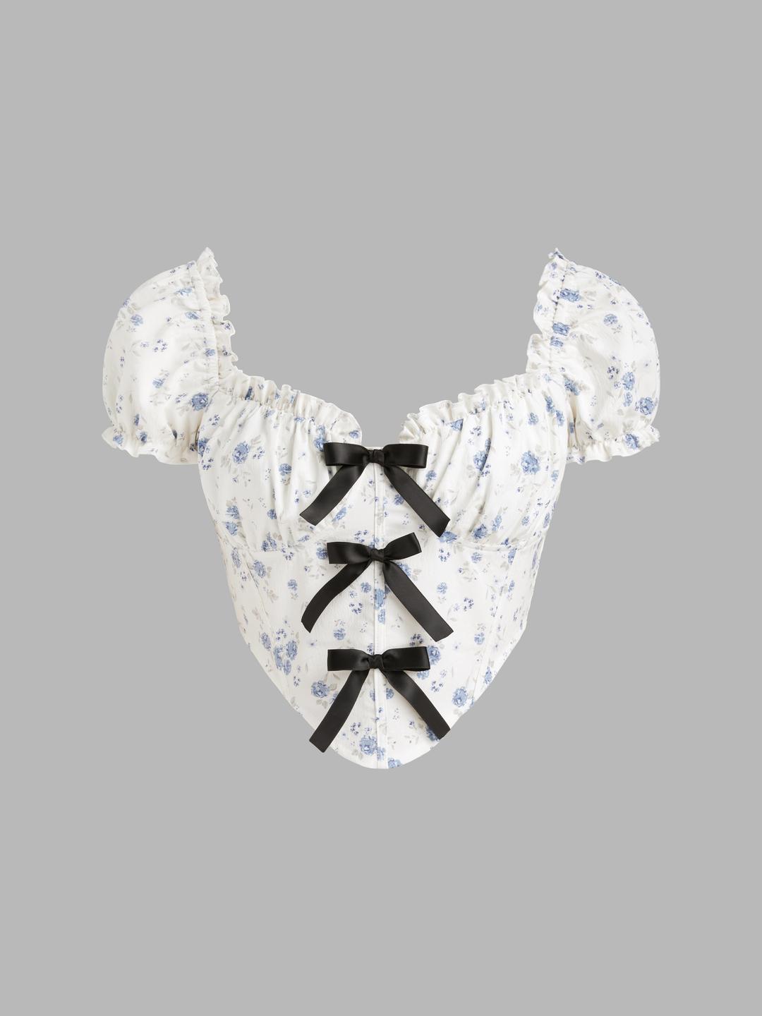 플로럴 리본 코르셋 퍼프 슬리브 블라우스