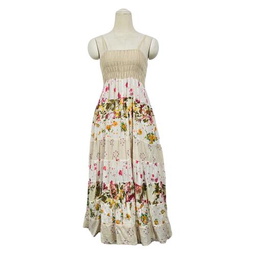 [중고] 2363 베이지 플라워 패턴 패치워크 끈원피스