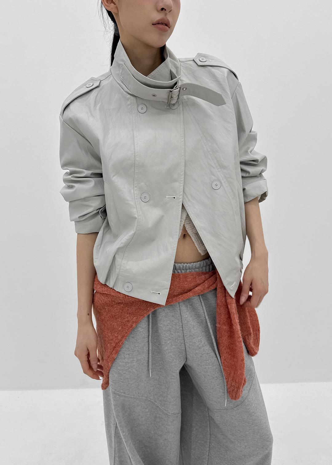 하큰 하이넥 더블버튼 레더자켓