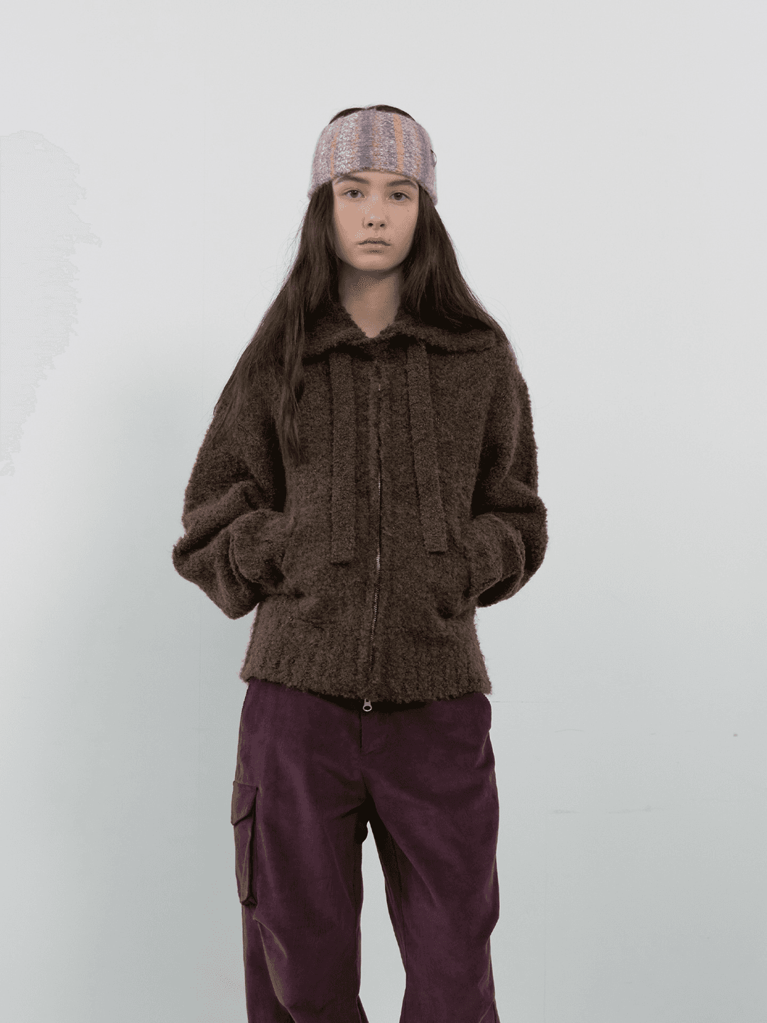 TIE SET COZY BOUCLE KNIT ZIP-UP_BROWN