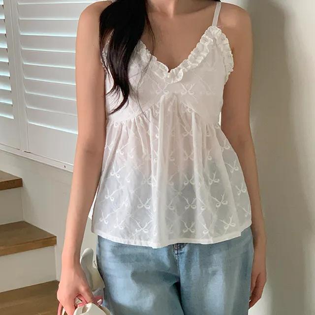 [당일출고/유사상품주의👀핏달라요] 프릴 리본 나시블라우스