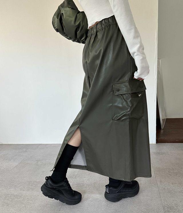 겨울까지* 오피 레더 스트링 롱 카고 트임 스커트 [4color]_디코럼