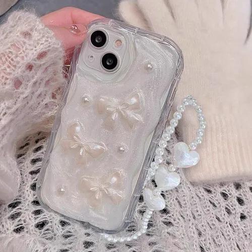 (SET) 아이폰리본케이스 진주 물결 아이폰 케이스 비즈스트랩