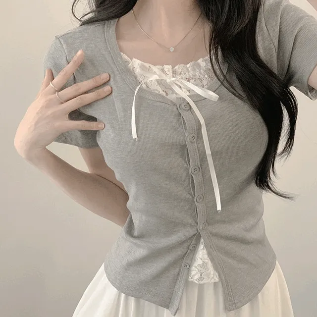 신상💙[저렴이❌발레코어] 빈티지 잔골지 레이스 시스루 리본 레이어드 반팔 가디건 티셔츠 -3color (일체형/자수/프릴/펀칭/청순/여리)