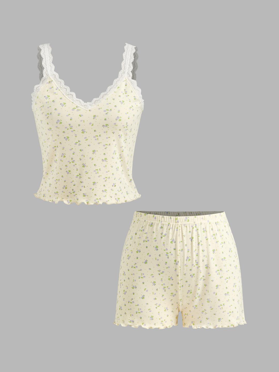 V-neck Ditsy Floral Lace Trim Cami Top & Mid Rise Lettuce Trim Shorts Loungewear Set