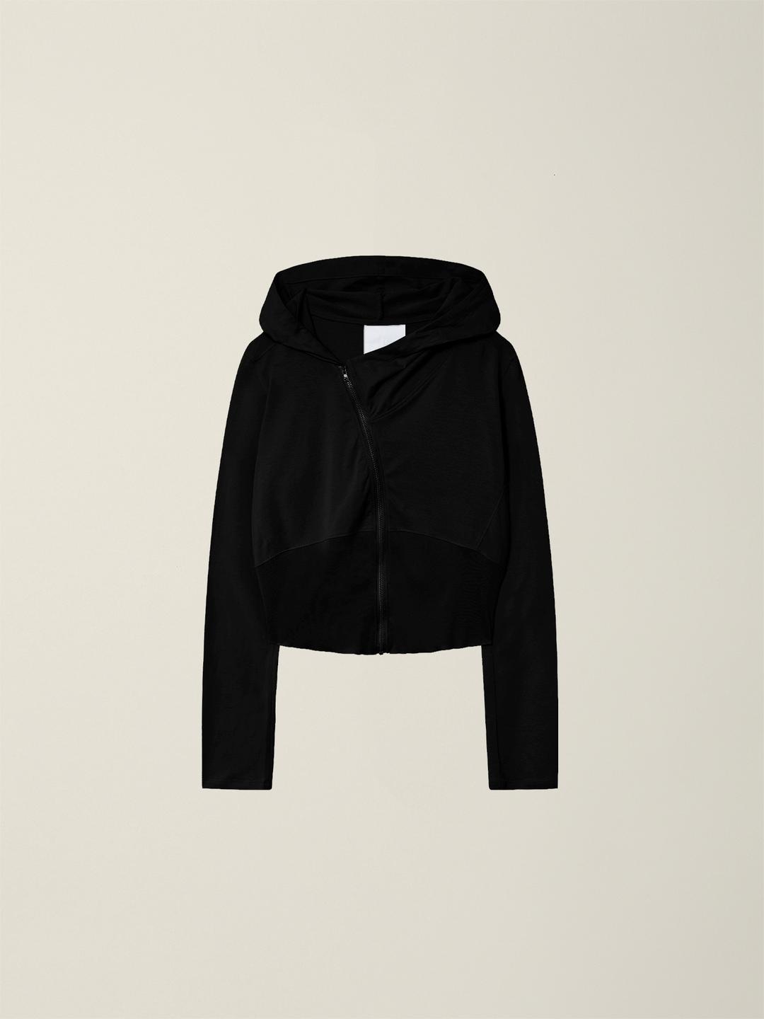 WOMENS CURVED HOODED COTTON ZIP JACKET (LIGHT FABRIC)  BLACK