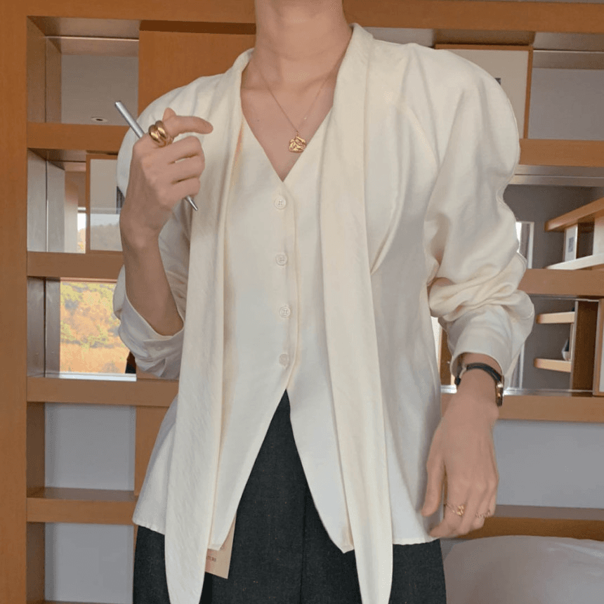 런던플랏 시그니처 헤이트블라우스 봄 타이블라우스 브이넥 화이트블라우스 셔츠 오피스룩