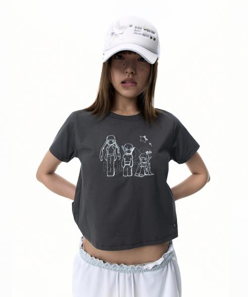 OJOS x NOITOW SHU Graphic Crop T-shirt / Charcoal