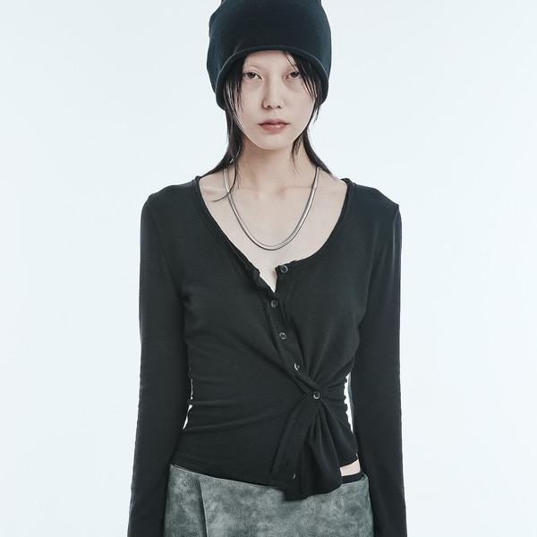 Knit cut off unblanced button cardigan black