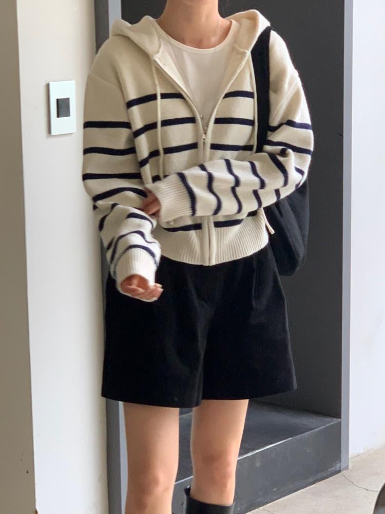니트집업 니트후드 스트라이프집업 크림 봄 간절기 여성