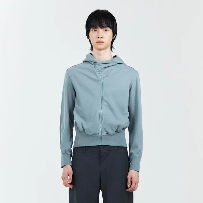 MENS GARMENT DYED CURVED HOODED ZIP JACKET GREYISH GREEN